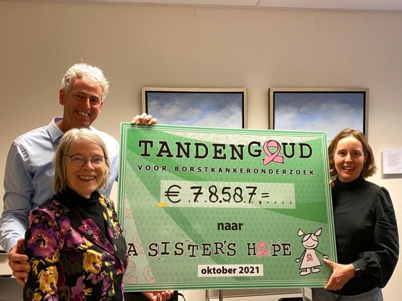 2021-10-Opbrengst 78587 tandengoud De Tandengoud-cheque van € 78.587 wordt overhandigd aan onderzoekster Marleen Kok van het Antoni van Leeuwenhoek